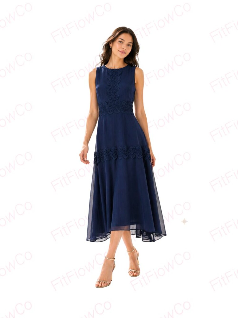 Taylor Navy Lace Tea Length Midi Dress Size 8 Chiffon Wedding Guest Cocktail
